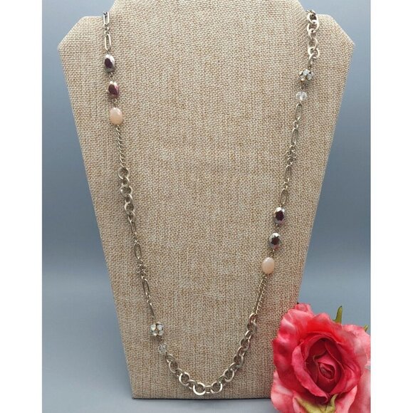 Loft Brushed Gold Tone Chain & Bead Station Necklace Crystals 36" Long - Picture 4 of 12